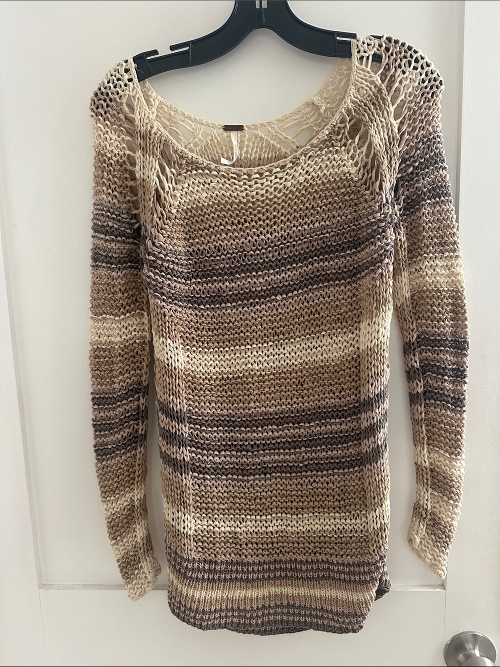 Free People Neutral Striped Open-Knit Women’s Sweater